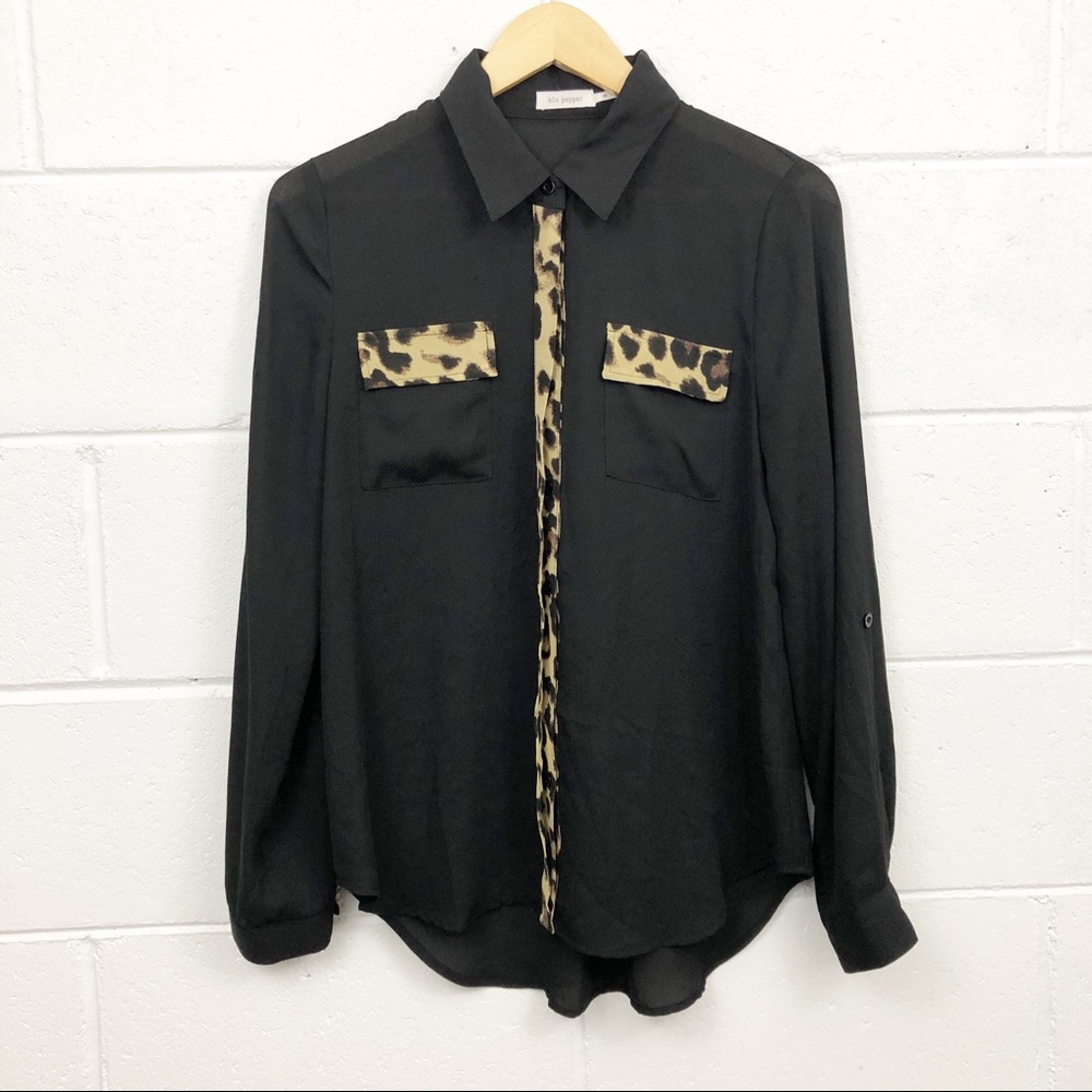 Blu Pepper Sheer Black & Leopard Button Down Top